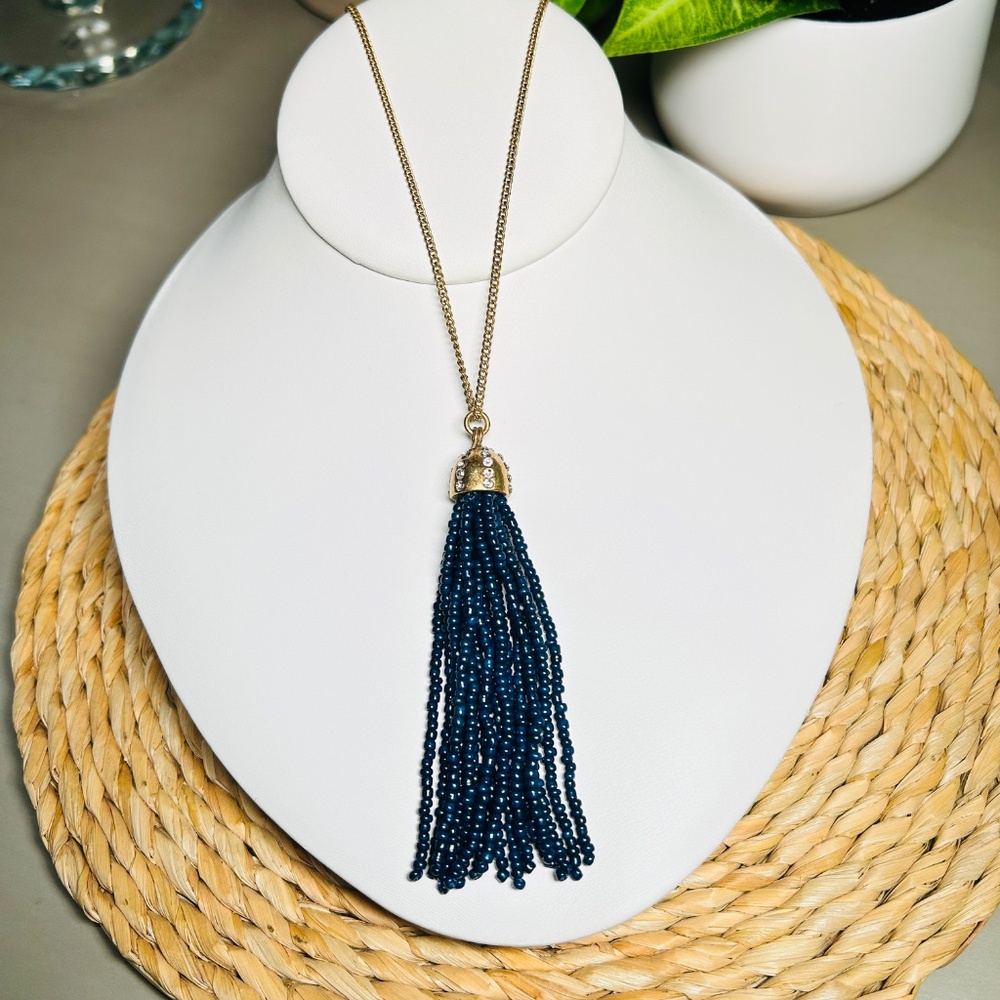 J. CREW Navy Blue Seed Beaded tassel pendant necklace